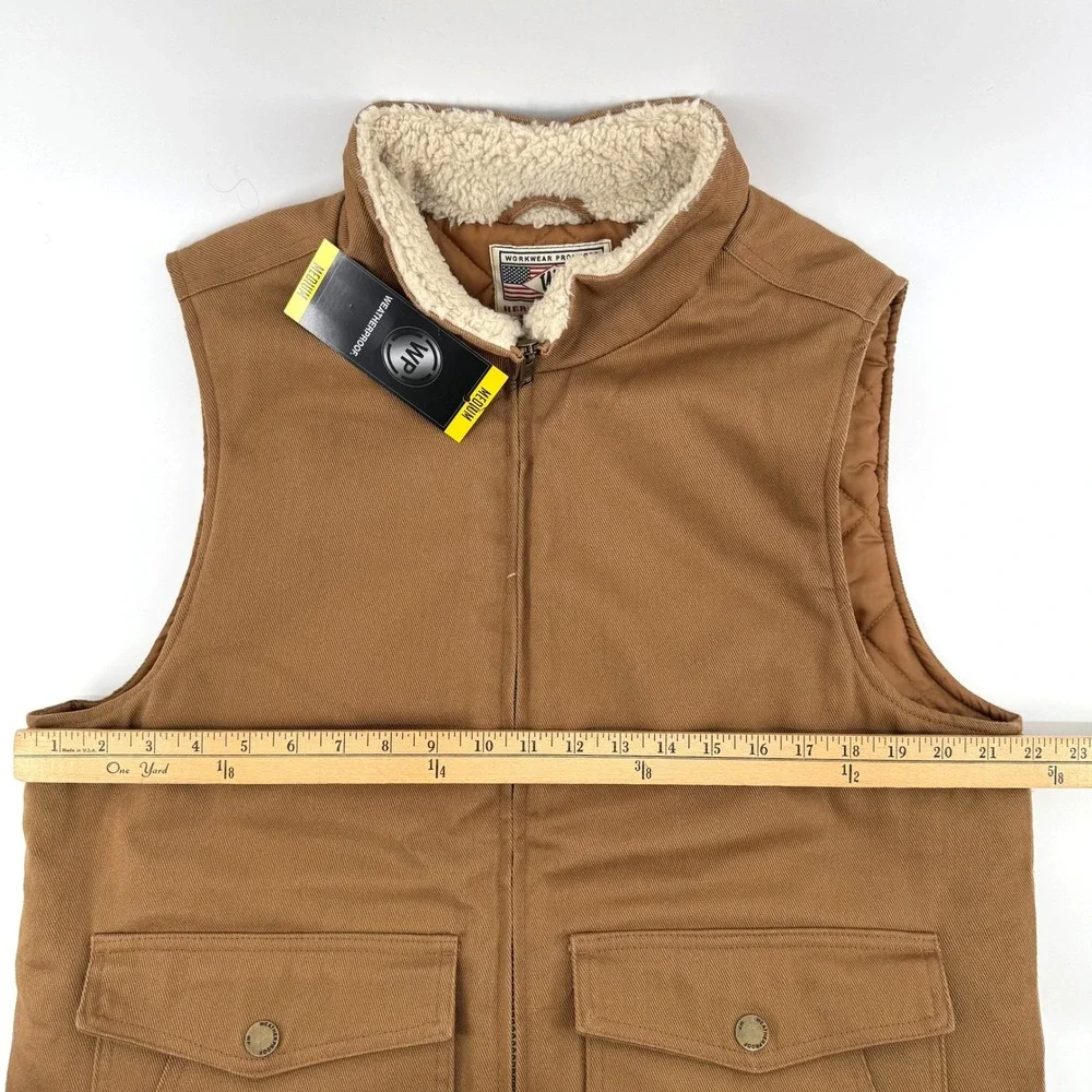 Weatherproof Canvas Workwear Vest Mens Medium Brown Sherpa Lined Quilted Utility